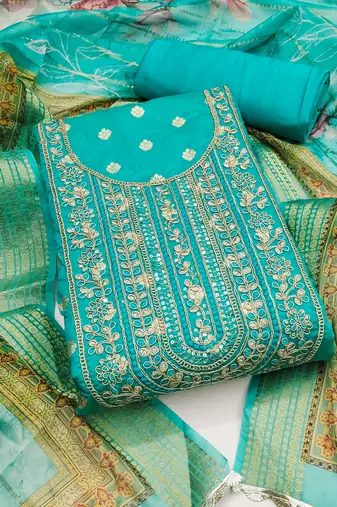 Women's sea green unstitched weaving & handwork banarasi dress material (msmfc11575b)