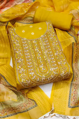 Women's yellow unstitched weaving & handwork banarasi dress material (msmfc11575c)