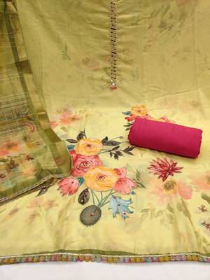 Women's light yellow digital print moti sequence handwork pure jaam cotton dress material 2