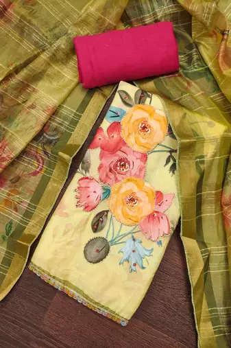 Women's light yellow digital print moti sequence handwork pure jaam cotton dress material