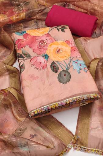 Women's peach unstitched digital print moti sequence handwork pure jaam cotton dress material (msmfc11576b)