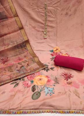Women's peach digital print moti sequence handwork pure jaam cotton dress material 2