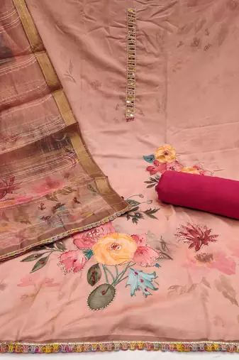 Women's peach digital print moti sequence handwork pure jaam cotton dress material