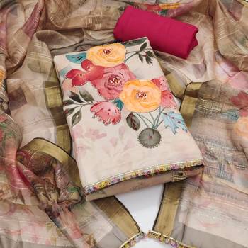 Women's beige digital print moti sequence handwork pure jaam cotton dress material 1