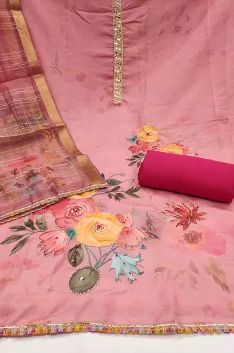 Women's baby pink digital print moti sequence handwork pure jaam cotton dress material