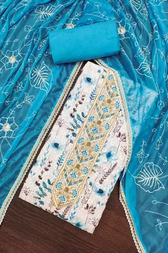 Women's multi thread embroidery digital print handwork pure cambric cotton dress material