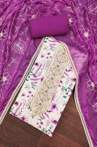 Women's multi thread embroidery digital print handwork pure cambric cotton dress material