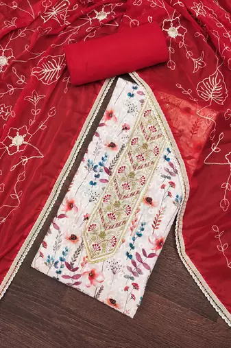 Women's multi thread embroidery digital print handwork pure cambric cotton dress material