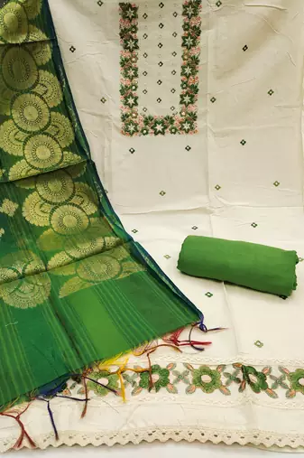 Women's off white thread embroidery & handwork pure cotton dress material