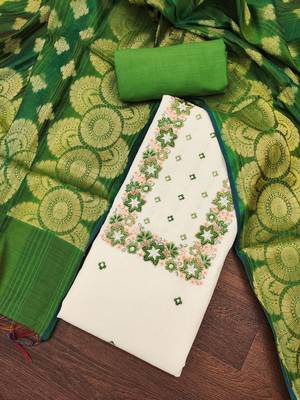 Women's off white thread embroidery & handwork pure cotton dress material 3