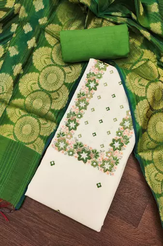 Women's off white thread embroidery & handwork pure cotton dress material