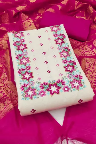 Women's off white unstitched thread embroidery & handwork pure cotton dress material (msmfc11578b)
