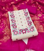 Women's off white thread embroidery & handwork pure cotton dress material