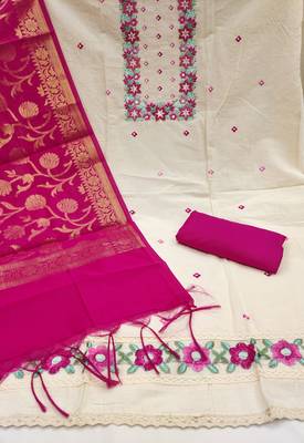 Women's off white thread embroidery & handwork pure cotton dress material 2