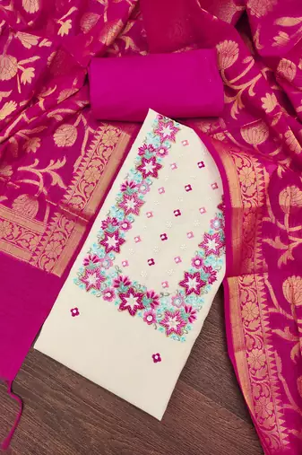 Women's off white thread embroidery & handwork pure cotton dress material