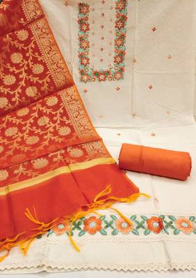 Women's off white thread embroidery & handwork pure cotton dress material 2