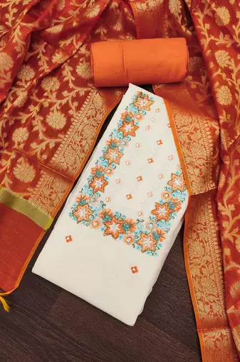 Women's off white thread embroidery & handwork pure cotton dress material