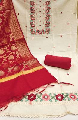 Women's off white thread embroidery & handwork pure cotton dress material 2