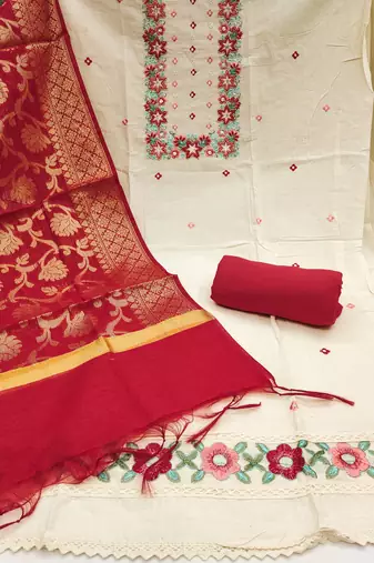 Women's off white thread embroidery & handwork pure cotton dress material