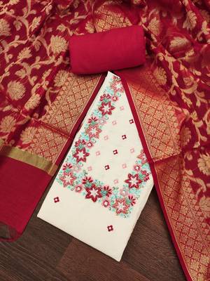 Women's off white thread embroidery & handwork pure cotton dress material 3