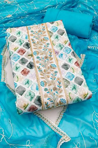 Women's multi unstitched thread embroidery digital print handwork pure cambric cotton dress material (msmfc11579a)
