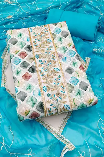 Women's multi unstitched thread embroidery digital print handwork pure cambric cotton dress material (msmfc11579a)