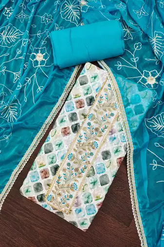 Women's multi thread embroidery digital print handwork pure cambric cotton dress material