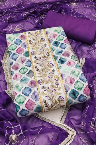 Women's multi unstitched thread embroidery digital print handwork pure cambric cotton dress material (msmfc11579b)