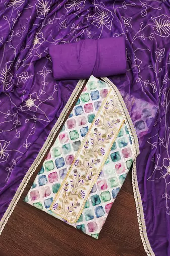 Women's multi thread embroidery digital print handwork pure cambric cotton dress material