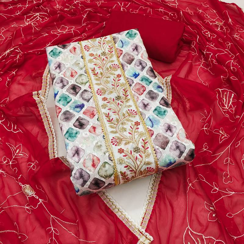 Women's multi unstitched thread embroidery digital print handwork pure cambric cotton dress material (msmfc11579c)