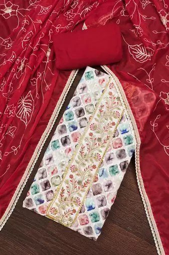 Women's multi thread embroidery digital print handwork pure cambric cotton dress material