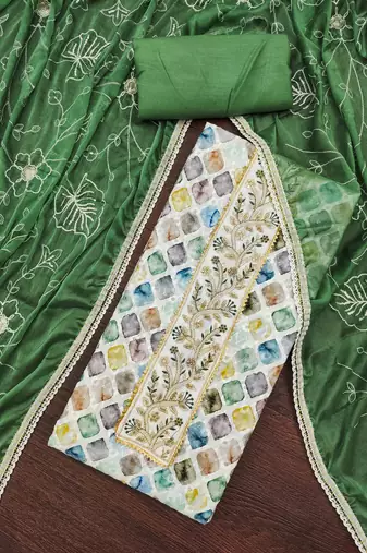 Women's multi thread embroidery digital print handwork pure cambric cotton dress material