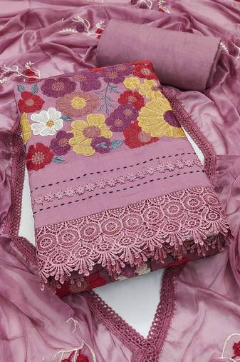 Women's levender pink unstitched thread embroidery premium roman cotton dress material (msmfc11580a)