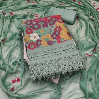 Women's sea green thread embroidery premium roman cotton dress material 1