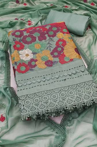 Women's sea green unstitched thread embroidery premium roman cotton dress material (msmfc11580b)