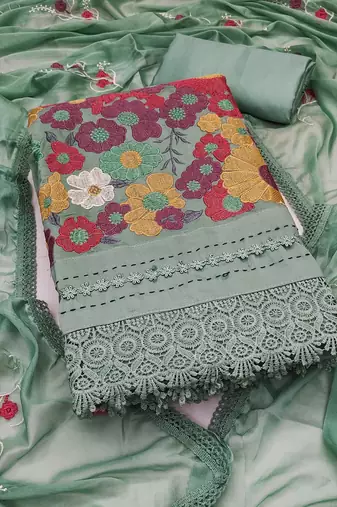 Women's sea green unstitched thread embroidery premium roman cotton dress material (msmfc11580b)