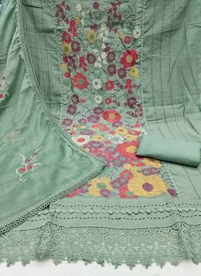 Women's sea green thread embroidery premium roman cotton dress material 2