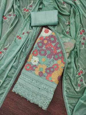 Women's sea green thread embroidery premium roman cotton dress material 3