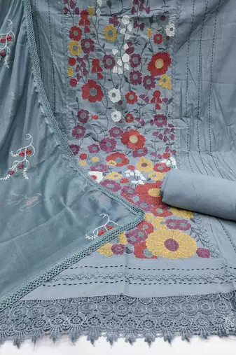 Women's grey thread embroidery premium roman cotton dress material