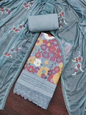 Women's grey thread embroidery premium roman cotton dress material 3