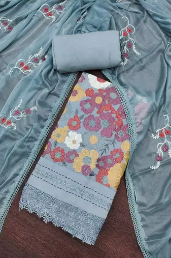 Women's grey thread embroidery premium roman cotton dress material