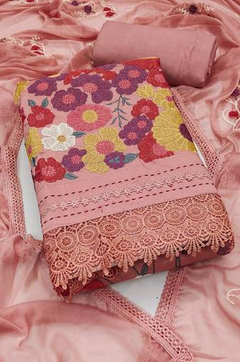 Women's peach unstitched thread embroidery premium roman cotton dress material (msmfc11580d)