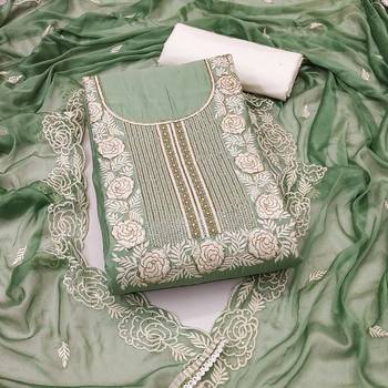 Women's light green thread handwork embroidery premium roman cotton dress material 1