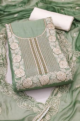 Women's light green unstitched thread handwork embroidery premium roman cotton dress material (msmfc11581a)