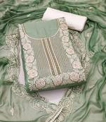 Women's light green unstitched thread handwork embroidery premium roman cotton dress material (msmfc11581a)