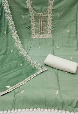 Women's light green thread handwork embroidery premium roman cotton dress material 2