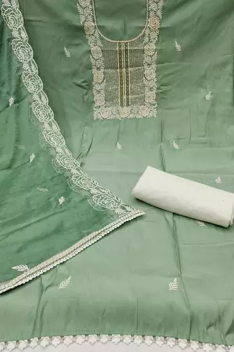 Women's light green thread handwork embroidery premium roman cotton dress material