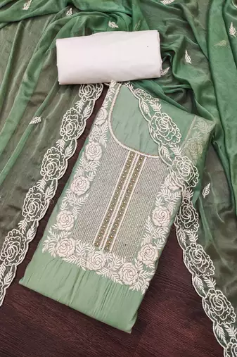 Women's light green thread handwork embroidery premium roman cotton dress material