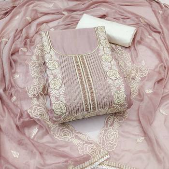 Women's baby pink thread handwork embroidery premium roman cotton dress material 1