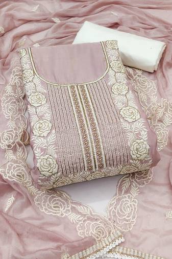 Women's baby pink unstitched thread handwork embroidery premium roman cotton dress material (msmfc11581b)